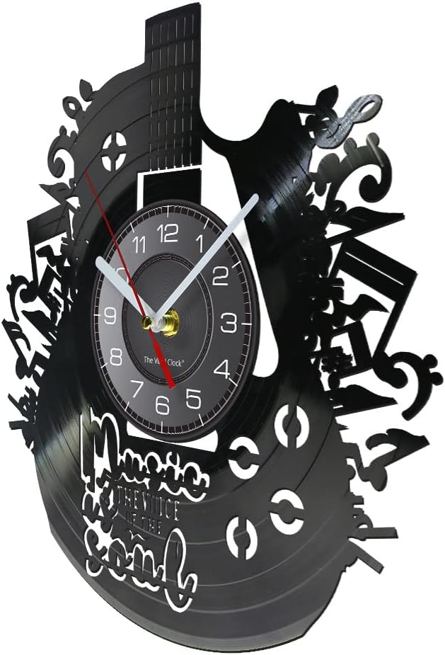 12 Inches Guitar Unique Music Vinyl Record Wall Clock Battery Operated Silent Quartz Non-Ticking, Rock n Roll Hanging Wall Clock Watch Music Gift for Rock Band Singer Idol Man Cave Bedroom