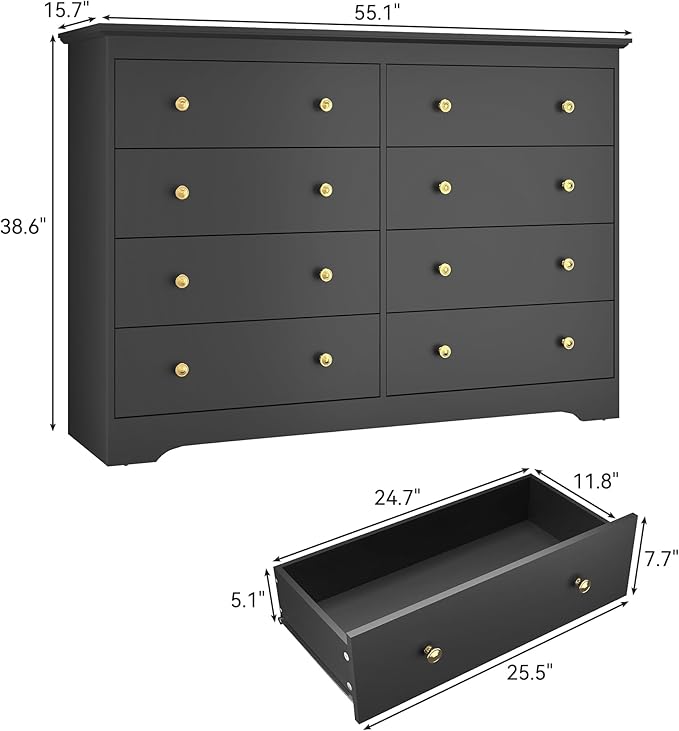 Black Dresser for Bedroom，55" Wide 8 Drawers Dressers,Modern Wooden Chest for Living Room, Hallway