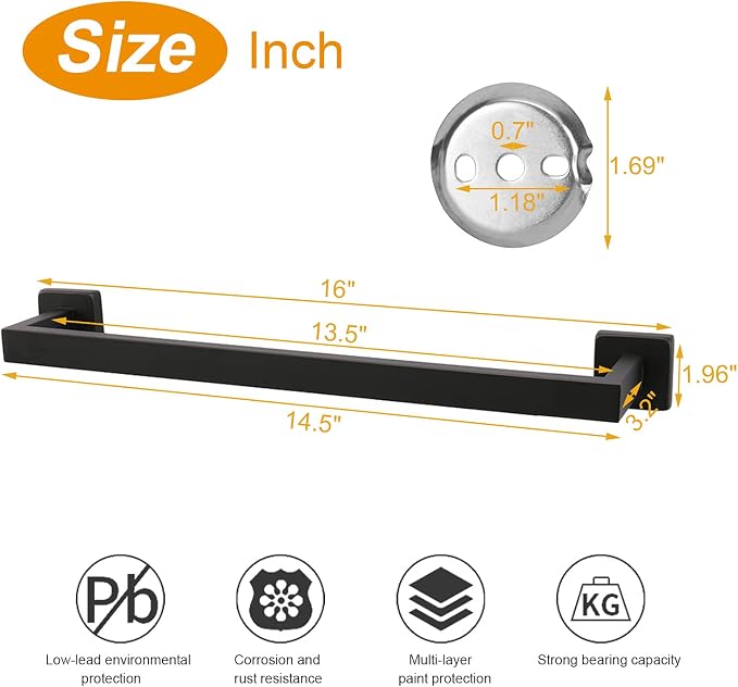 TocTen Bath Towel Rack - Square Base Thicken SUS304 Stainless Steel Towel Bar for Bathroom, Bathroom Accessories Towel Rod Heavy Duty Wall Mounted Towel Holder. (Black, 16)