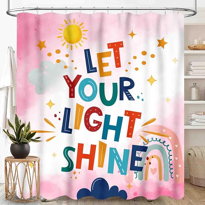 Pink Rainbow Shower Curtain for Bathroom, Boho Cute Inspirational Motivational Quotes Rainbow Colorful Baby Kids Girls Waterproof Fabric Shower Curtain Set with Hooks, 72"x84" Inch