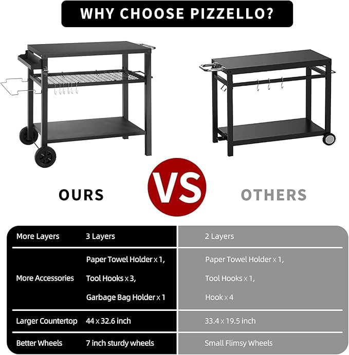 DNKMOR Dining Cart Table with Three Shelf, Movable Outdoor BBQ Grill Pizza Oven Stand with Three Hooks, Kitchen Cart Island Multifunctional Food Prep Table for Inside and Outside (Black)