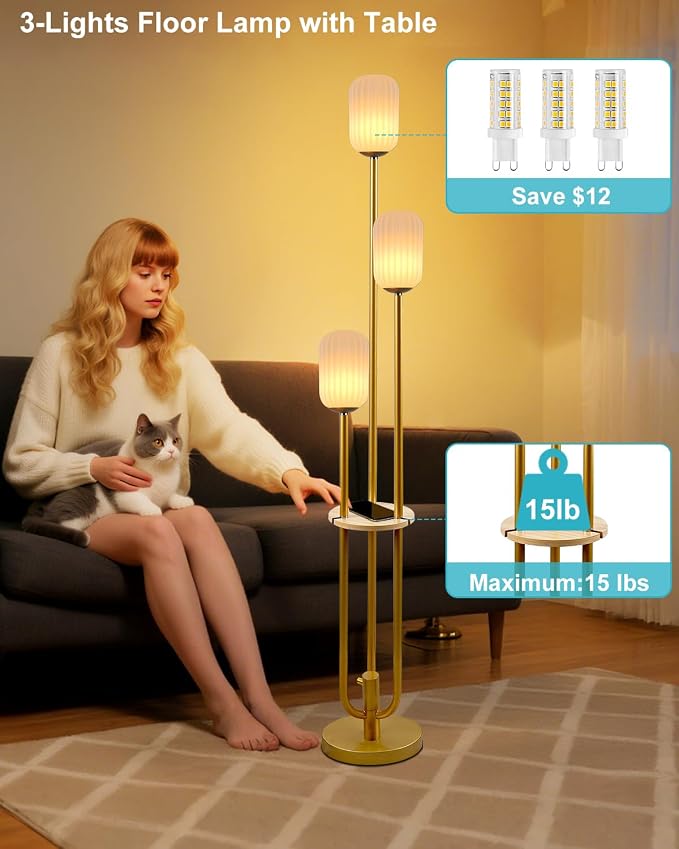 Floor Lamp for Living Room, Dimmable Vintage Floor Lamp with Shelf & LED Bulbs, 3 Light 3000K Soft Warmwhite Mid Century Standing Lamp, Tall Lamps with 5Lbs Heavy Base for Bedroom Office