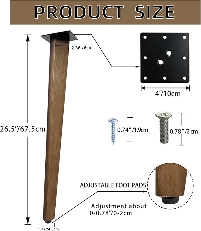QLLY 26 inch Slant Wooden Table Legs, Solid Wood Angled Desk Legs, Furniture Legs, Set of 4, Easy to Install - Perfect for DIY Dining Tables, Coffee Tables, and Benches (Walnut, 26")