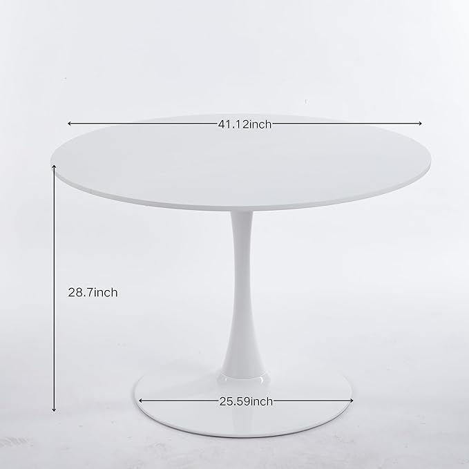 KEIKI 42.1" Round Dining Table, Mid Century Modern Bistro Table with Thickened MDF Tabletop & Metal Pedestal, for 4-6 People, Small Places, Cafe, Kitchen, Living Room, White