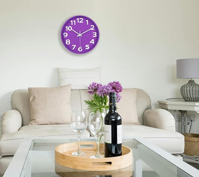 45MinST 12-Inch Modern Indoor Outdoor Wall Clock, Silent Non-Ticking, Large Numbers, Accurate Timekeeping, Perfect Decorative Accent for Home or Office (Purple)
