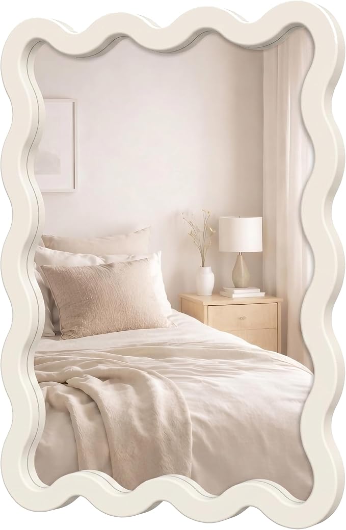 22"x30" White Wavy Wall Mirror for Vanity, Cream Solid Wood Irregular Mirror for Bedroom, Cute Squiggle Mirror for Aesthetic Decor, Small Asymmetrical Curvy Frame