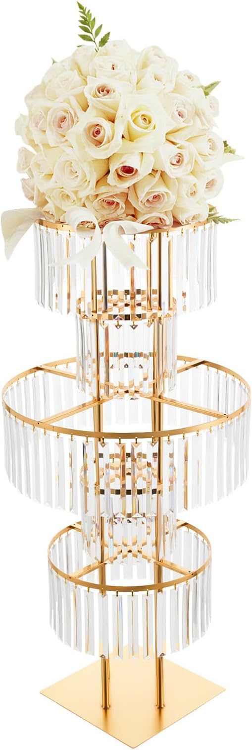 110cm/43in Tall Centerpieces for Table, 1-Pack Large Gold Vases with Hanging Crystal Tassels, Acrylic Flower Stand for Wedding, Banquet, Conference