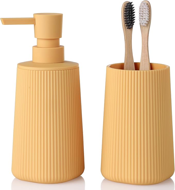 YAUKPH Bathroom Accessories Set 2 Piece Soap Dispenser and Toothbrush Holder for Bathroom Countertop Striped Yellow