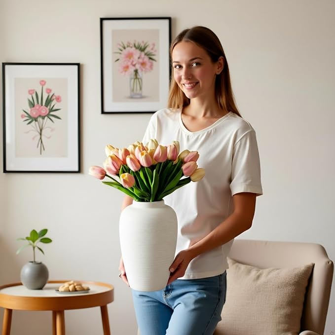 Large Ceramic Vase, 10.24 inch Minimalist Vase for Home Decor, Handmade Farmhouse Flower Vase for Table Centerpiece, Wedding, Living Room, Kitchen Decoration, Shelf Decor (Rice White)