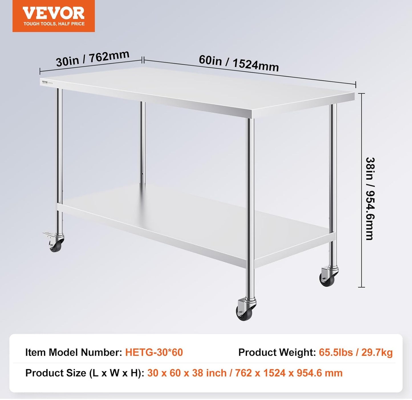 VEVOR Stainless Steel Work Table - Heavy-Duty Food Prep Table with 4 Wheels | 30 x 60 x 38 Inch, Adjustable Height