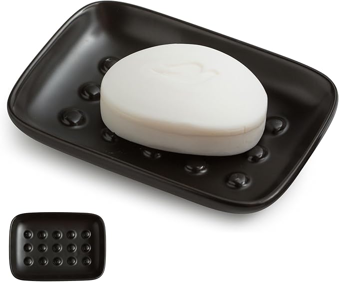Miamolo Soap Dish, Ceramic Soap Holder Shower Soap Dish for Bar Soap Sponge, Soap Saver Tray for Bathroom Kitchen Sink, Black