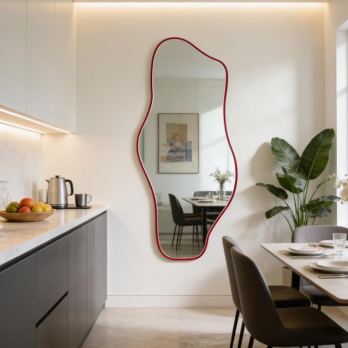 Irregular Mirror Full Length, 67"x31" Red Asymmetrical Tempered Glass Mirror, Large Organic Frameless Wall Mirrors for Entryway Hallway Bedroom Living Room, Horizontal or Vertical Hanging