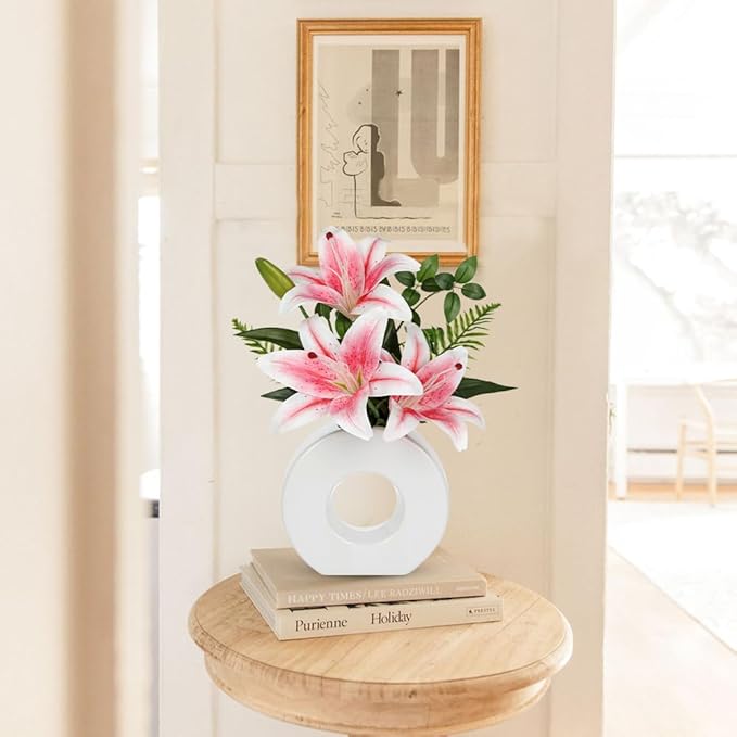 Artificial Flowers in Vase 13" Realistic Fake Lilies Flowers with 3 Heads Full Bloom Tiger Lily Floral Arrangement Pink Faux Flowers for Vase Table Centerpieces Home Wedding Bathroom Office Decor