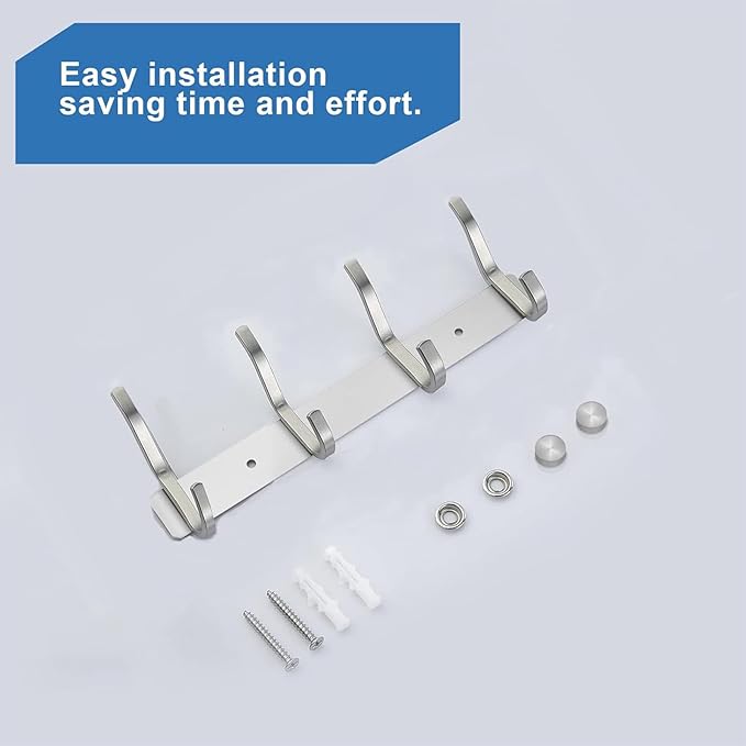 HAMUTH 12 Inch Coat Rack Wall Mount 2 Packs, Heavy Duty Wall Hooks with 4 Hooks, Silver Wall Hooks Hangers for Entryway, Bathroom - for Hanging Backpack, Bag, Coat, Purse, Hat, Towel, Clothes