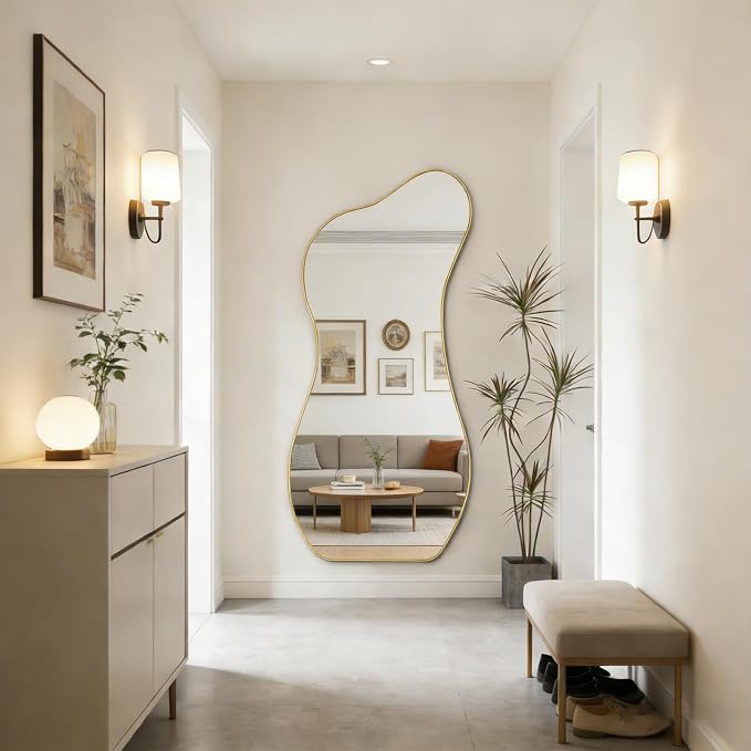 Large Irregular Wall Mirror, 63"x30" Asymmetrical Aesthetic Floor Mirror with Gold Metal Frame, Modern Organic Shaped Mirrors for Living Room Bedroom Hallway Entryway, Hanging or Leaning