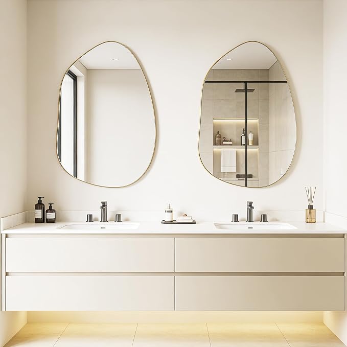 Irregular Wall Mirror Asymmetrical Mirror, Gold Mirror for Bathroom Living Room Entryway Bedroom, Decorative Modern Mirror, Tempered Glass, Shatterproof, Hangs Horizontally or Vertically (32" x 24")