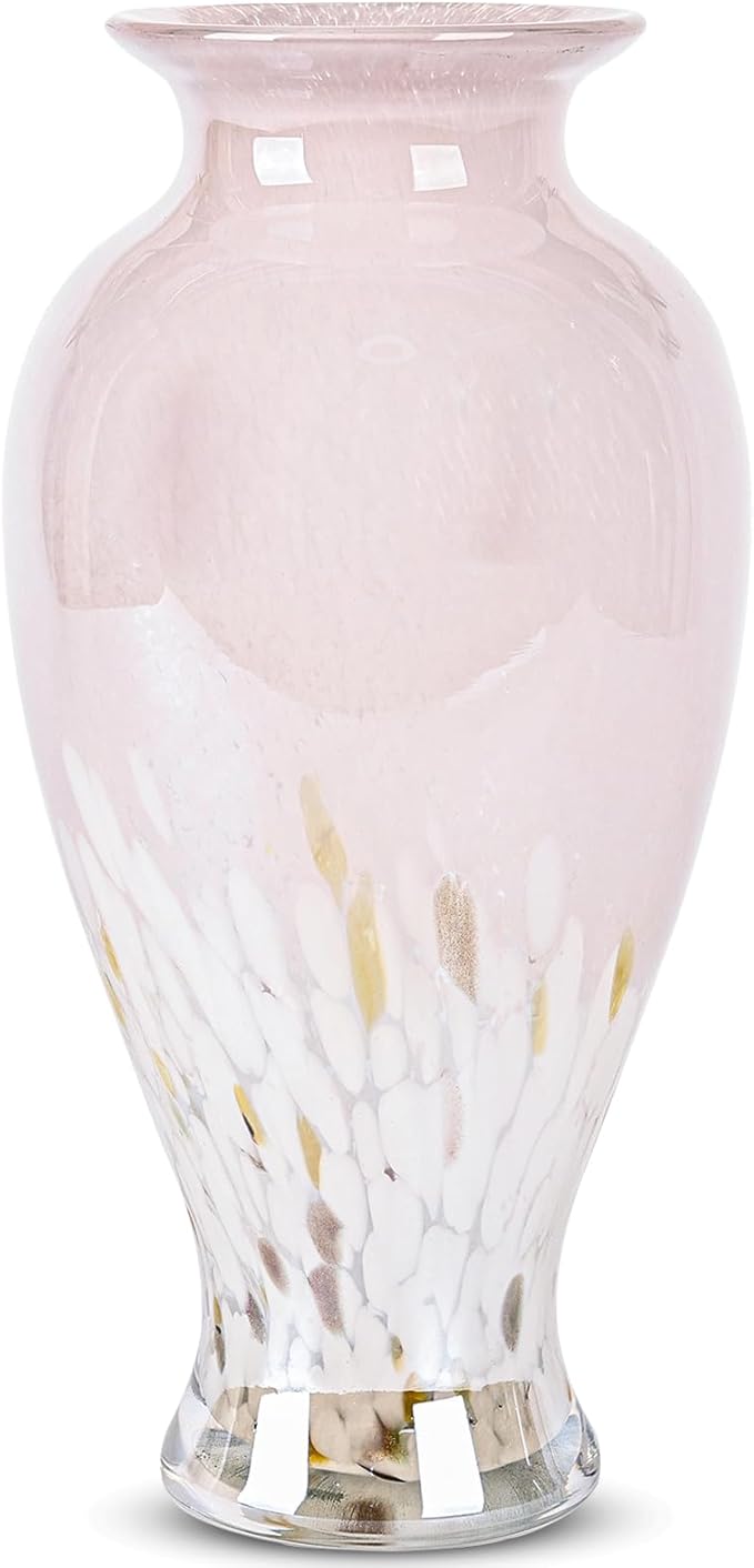 11.8" Tall Pink Glass Vase Beautiful Hand Blown Glass Vase Modern Art Home Decor, Wide Mouth Colorful Vases for Mantle Dining Table Centerpiece, Entryway Living Room Wedding Decoration