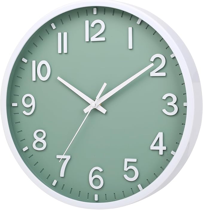 Wall Clocks Battery Operated 12 inch Modern Wall Clock,Silent Non Ticking Wall Clock for Living Room Bedroom Kitchen Office Classroom Decor (Green White)