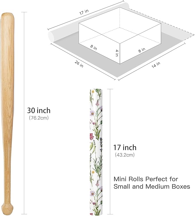 RUSPEPA Floral Wrapping Paper Roll for Women Girls, Mini Roll, Elegant Wild Flower Design Gift Wrap Paper Perfect for Birthdays, Bridal Shower, Spring, Wedding, Mother's Day, 17 Inch x 9.8 Feet