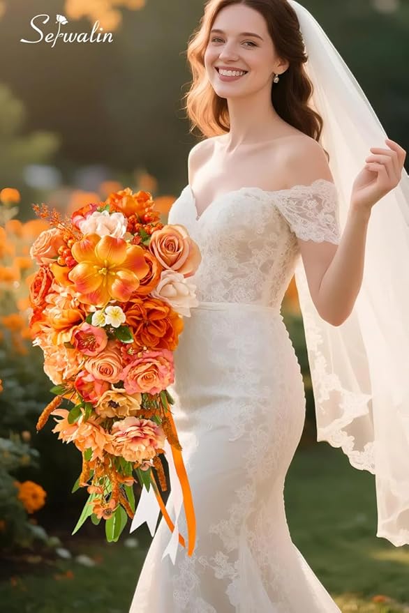 Serwalin 11 Inch Wedding Bouquets for Bride Bridesmaid,Fall Cascading Orange Bridal Bouquets for Bride,Wedding Ceremony and Anniversary Day Decor