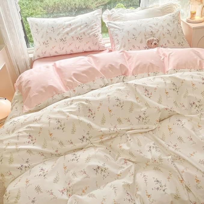 Nayoroom Pink Floral Duvet Cover Full Size Green Botanical Leaf Printed on White Reversible Coquette Bedding Set 3 Pcs Soft Microfiber Spring Cottagecore Comforter Cover with Zipper Closure