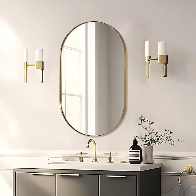 ANDY STAR 26x38 Inch Gold Oval Mirror, Oval Brass Mirror Pill Shaped Stainless Steel 1’’ Deep Metal Frame Wall Mounted Vertically & Horizontally Ideal for Limited Space