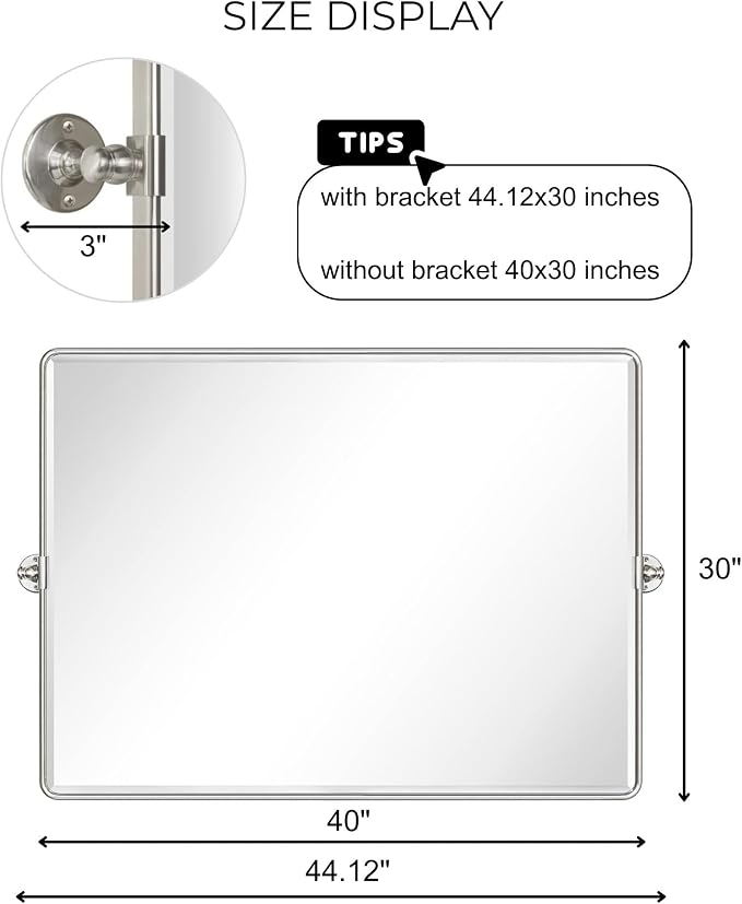 TEHOME Pivot Mirror Brushed Nickel Tilt Bathroom Vanity Mirror Brushed Nickel Metal Framed Rectangle Horizontal Tilting Beveled Vanity Mirrors, Overall 44.12 x 30 inches (Mirrror 40 x 30 inches)