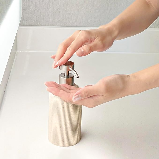 Lunestella Sand Beige Hand Soap Dispenser with Stainless Steel Pump, for Bathroom and Kitchen, Luxury Farmhouse, Boho & Zen Style, Sandstone Finish, Rust Proof, 7oz