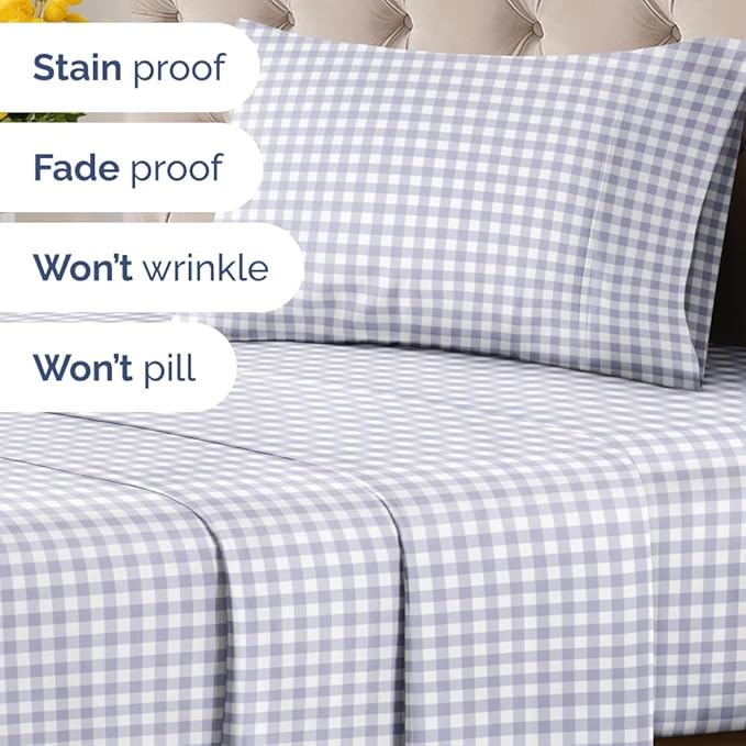 Grey Gingham Sheets - 1 Flat & 1 Fitted Sheet & 1 Pillowcase w/ Deep Pockets - Grid, Plaid, Checkered Pattern Bed Set - Wrinkle & Fade Resistant - Ultra-Soft, Breathable and Cooling - Twin Size