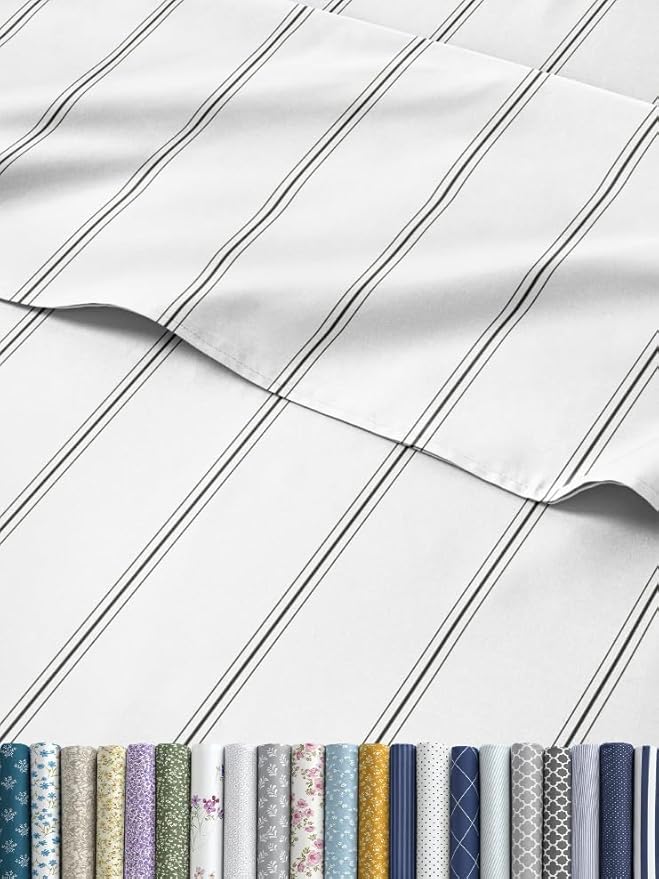 Striped Sheets - Black & White Striped Sheets - 1 Flat & 1 Fitted & 2 Pillowcases w/ Deep Pockets – Wrinkle & Fade Free - Soft, Breathable and Cooling – Luxury Pinstripe Bedding - King Size Bed Set