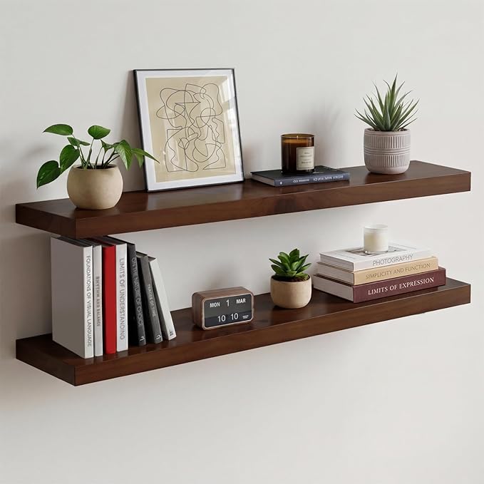 Homeforia Walnut 36 inch Floating Shelf, High End Solid Real Wood 36inch Large Shelves for Bathroom Wall, Dark Brown 36 inches Long Floating Shelves, Heavy Duty Bracket, 36 X 6.5 X 1.75 inch, Set of 4