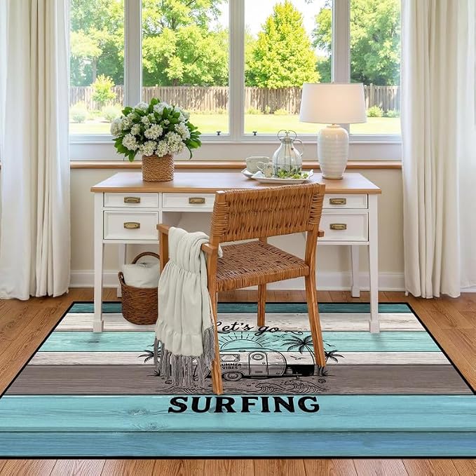 Surfing Area Rug Beach Van Palm Tree Carpet Retro Wood Grain Striped Rugs Non Slip Washable Floor Mat for Entryway Bedroom Living Room Nursery Playroom Home Decor,2'x3'