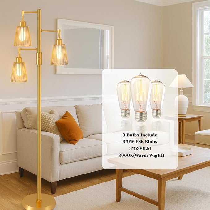 PESRAE Dimmable Industrial Floor Lamp, Farmhouse Floor Lamp Standing Tree Lamp with 3 Elegant Teardrop Cage Heads & Included 3 x 1200LM Edison LED Bulbs, Tall Lamp for Living Room, Bedroom (Gold)