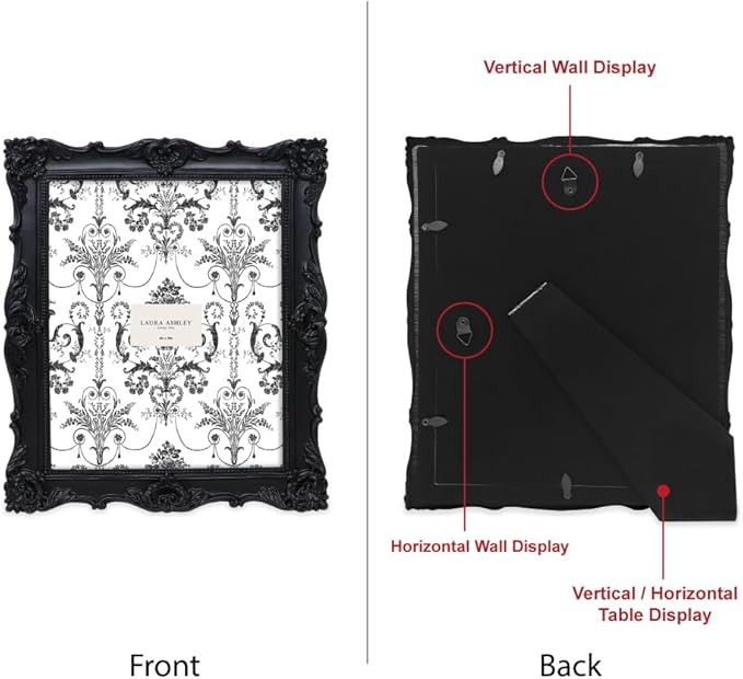 Laura Ashley 8x10 Black Ornate Textured Hand-Crafted Resin Picture Frame with Easel & Hook for Tabletop & Wall Display, Decorative Floral Design Home Decor, Photo Gallery, Art, More (8x10, Black)