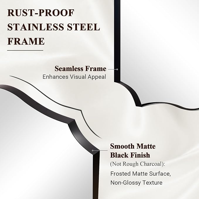 ANDY STAR 30x40 Inch Matte Black Mirror, Large Asymmetrical Wall Mirror in Premium Stainless Steel Metal Thin Frame Deep 1’’, Modern Rectangle Mirror with Unique Wavy Design Ideal for Home Decor
