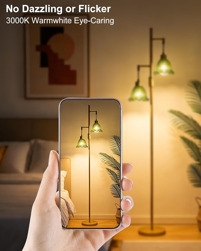 Lightdot 2- Light Gold Flower Floor Lamp for Living Room, 65IN Dimmable Floor Lamps with Green Glass Shade& Warm White Bulbs, Modern Standing Tall Lamp with 5Lbs Heavy Base for Bedroom Home Office