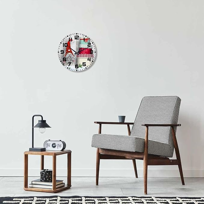 Nordic Christmas Motive Wall Clock Tomte Standing Wooden Wall in Snow Battery Powered Wall Clock Silent Non Ticking 10 Inch for Living Room, Kitchen, Home,Bathroom, Bedroom