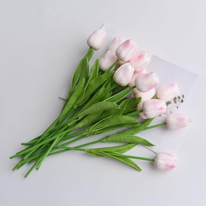 20 Pcs 13” Real Touch Pink Tulips Artificial Flowers, Latex Pu Fake Faux Lifelike Flowers with Stems, for Wedding Bouquet Christmas Home Decor