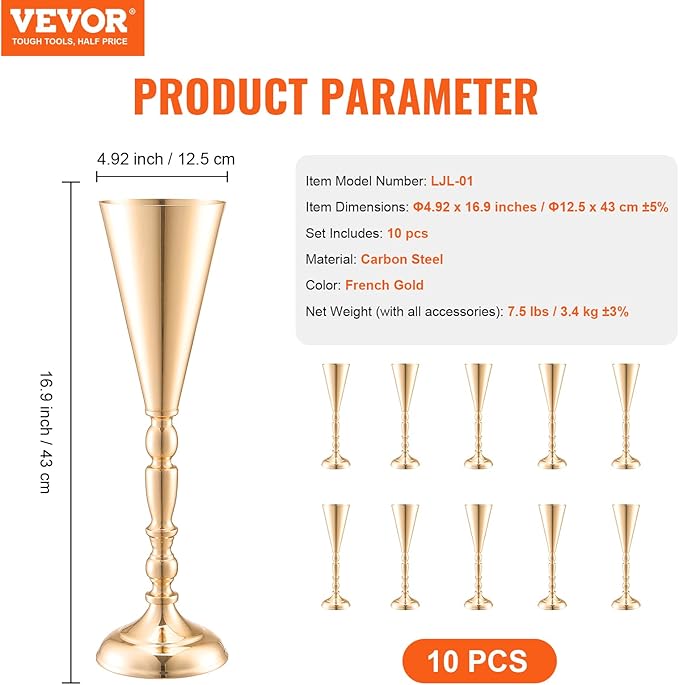 VEVOR 10PCS 43cm/16.9” Tall Wedding Flower Vase, Metal Wedding Trumpet Centerpiece, Gold Floral Stand Display Rack for Tables Wedding Dinner Party, Anniversary Ceremony Birthday Event Decor