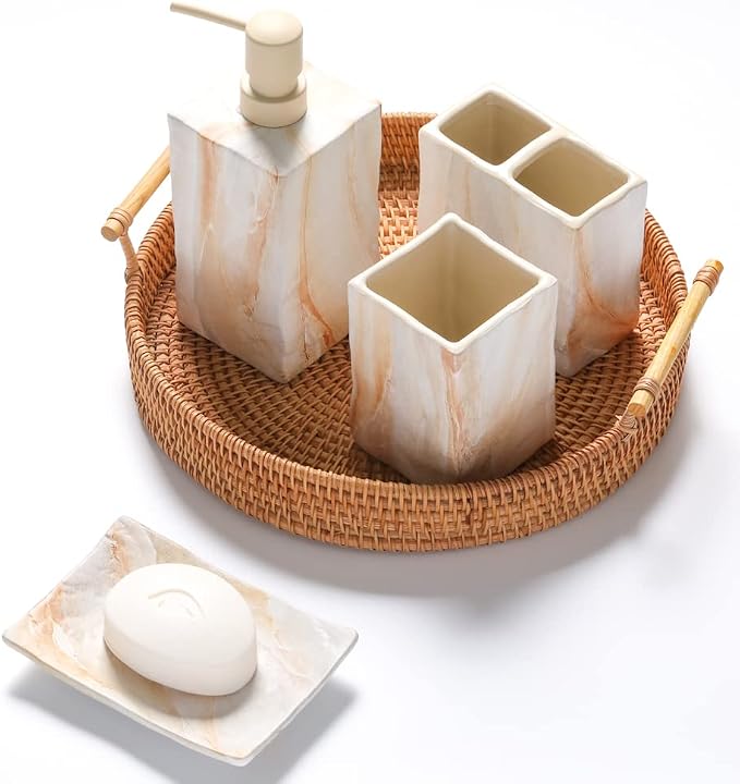 RQYIXI Bathroom Accessories Set 4 Pcs Marble Look Sets Toothbrush Holder Soap Dispenser Counter Top Ceramic Bathroom Decor Set Beige