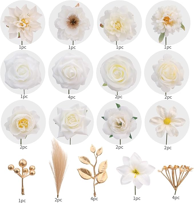SwanMoon Artificial Flowers Combo Box Set, 33pcs Silk Roses & White Peony with Stems for DIY Wedding Bouquets, Baby Shower, Party Centerpieces & Home Decor