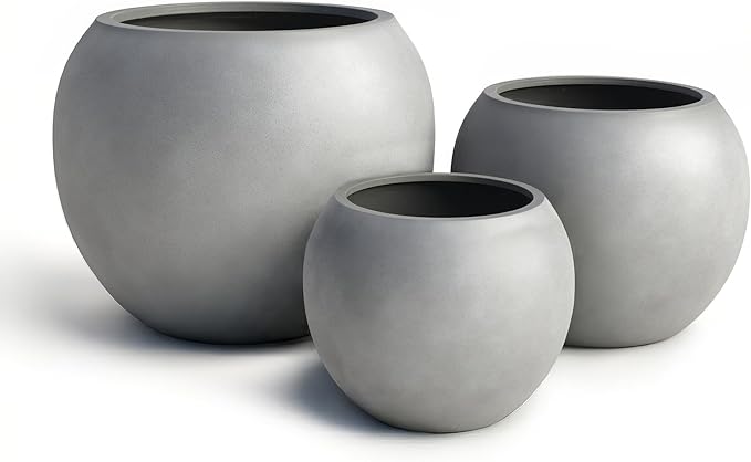 DTY Signature Mount Sherman Modern Indoor Outdoor Fiberstone Sphere Planter, Durable Round Garden Pot, Weather Resistant, Drainage Hole & Rubber Plug, Planter for Christmas Tree - Small, Gray