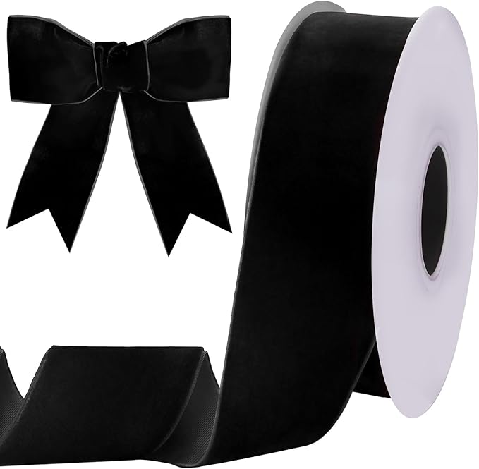 10 Yards Black Velvet Ribbon 2 Inch for Christmas Tree,Velvet Christmas Ribbon for Gift Wrapping Crafts Bow Wreath Holiday Decorations (Black)