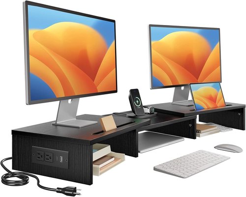 HUANUO Dual Monitor Stand - Adjustable Height & Angle with USB Ports | Desktop Riser for PC & Laptop (Black)