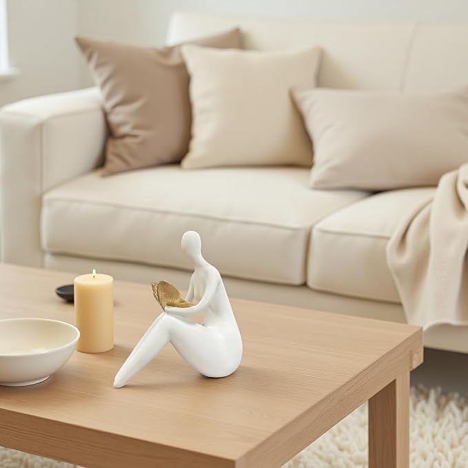 Lescafita White Abstract Sitting Figurine with Gold Butterfly – Modern Shelf Sitter Sculpture for Home Decor, Minimalist Statue, Elegant Desk Ornament for Living Room, Office & Bookshelf Decoration