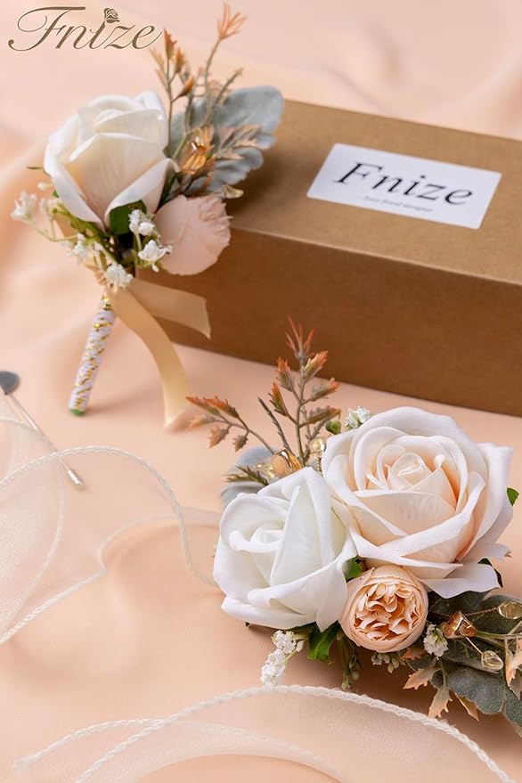 Fnize Champagne Corsage and Boutonniere Set for Bride Groom Bridesmaids Groomsmen Wedding Homecoming Prom Flowers Artificial Rose Boutonniere and Wrist Corsage Flower