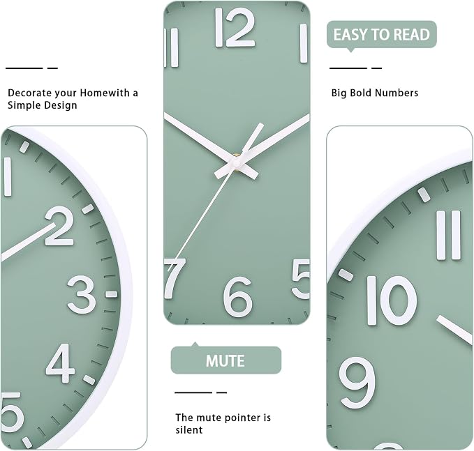 Wall Clocks Battery Operated 10 inch Modern Wall Clock,Silent Non Ticking Wall Clock for Living Room Bedroom Kitchen Office Classroom Decor (Green White)