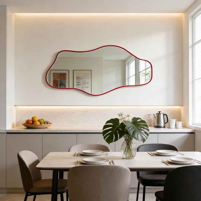 Large Irregular Mirror, 54.5"x24" Red Asymmetrical Tempered Glass Mirror, Modern Organic Shape Frameless Mirrors for Entryway Hallway Bedroom Living Room, Horizontal or Vertical Hanging