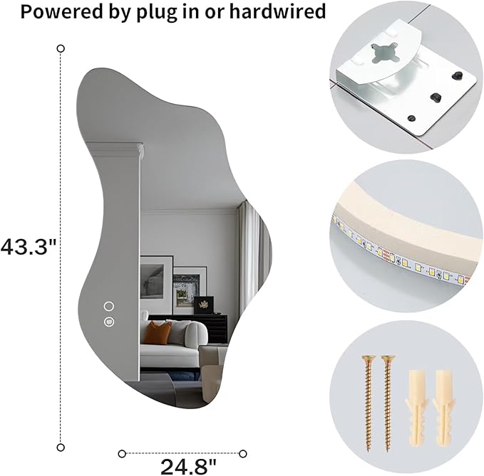 43.3″ Asymmetrical Bathroom Mirror with Lights, LED Irregular Wall Mirror, Abstract Modern Lighted Vanity Mirror for Wall, Anti-Fog, Dimmable, Horizontal/Vertical