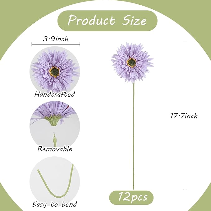 Artificial Gerbera Daisies 12pcs Purple Daisy Artificial Flowers Fake Silk Flowers with Stems for Floral Arrangements Home Wedding Dining Table Party Garden Decor(Purple)